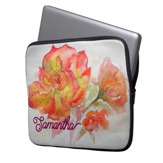Oranje Gele Roze Waterverf Schilderij Bloemen Laptop Sleeve (Voorkant Links)