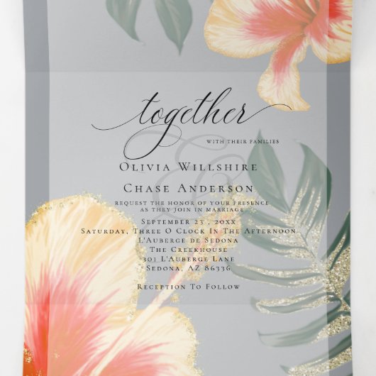 Oranje Gele Waterverf Hibiscus en Foliage Drieluik Uitnodiging (Binnenkant midden)