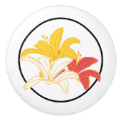 Oranje Gele Witte Bloemen op Wit Keramische Knop (Voorkant)