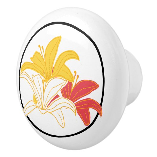 Oranje Gele Witte Bloemen op Wit Keramische Knop (Rechts)