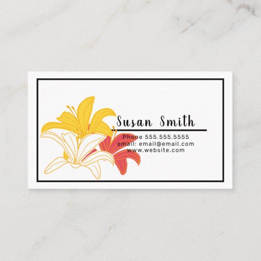 Oranje gele witte bloemen op zwart visitekaartje (Achterkant)
