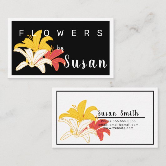 Oranje gele witte bloemen op zwart visitekaartje (Voorkant / Achterkant)