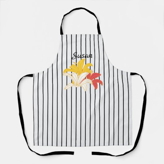 Oranje Gele Witte Bloemen op Zwart-wit Schort (Voorkant)