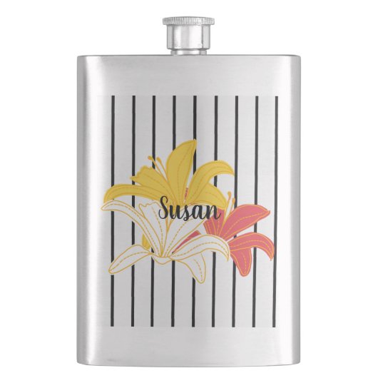 Oranje gele witte bloemen op zwarte stripkolf flacon (Voorkant)