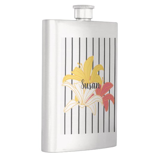 Oranje gele witte bloemen op zwarte stripkolf flacon (Rechts)