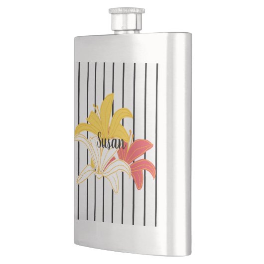 Oranje gele witte bloemen op zwarte stripkolf flacon (Links)