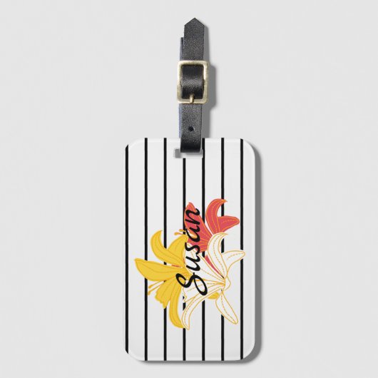 Oranje gele witte bloemen op zwarte witte streep bagagelabel (Voorkant (verticaal))