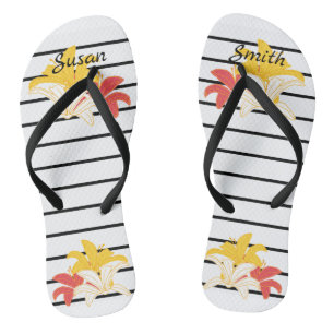 Oranje gele witte bloemen op zwarte witte strepen teenslippers