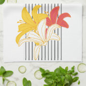 Oranje gele witte bloemen op zwarte witte strepen theedoek (Gevouwen)