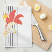 Oranje gele witte bloemen op zwarte witte strepen theedoek (Quarter Fold)