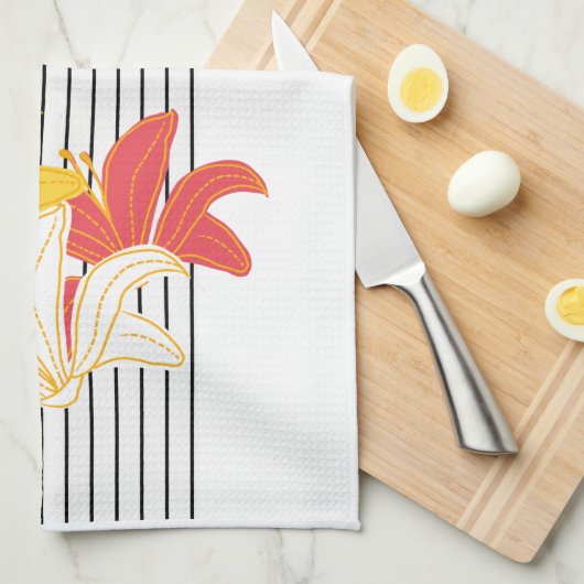 Oranje gele witte bloemen op zwarte witte strepen theedoek (Quarter Fold)