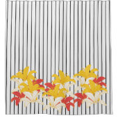 Oranje gele witte bloemen zwarte witte strepen douchegordijn (Voorkant)