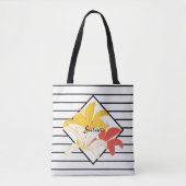 Oranje gele witte bloemen zwarte witte strepen tote bag (Voorkant)