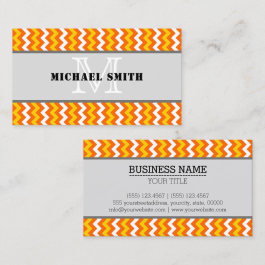 Oranje gele witte Chevron Zigzag Monogram Visitekaartje (Voorkant / Achterkant)