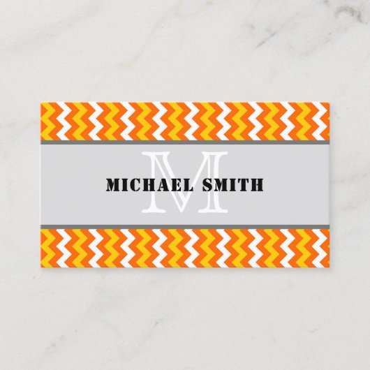 Oranje gele witte Chevron Zigzag Monogram Visitekaartje (Voorkant)