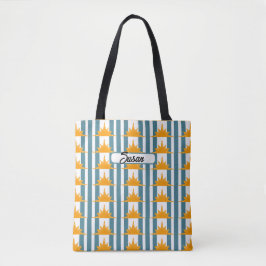Oranje Gele Zon op Blauwgroen Stripes Tote Bag