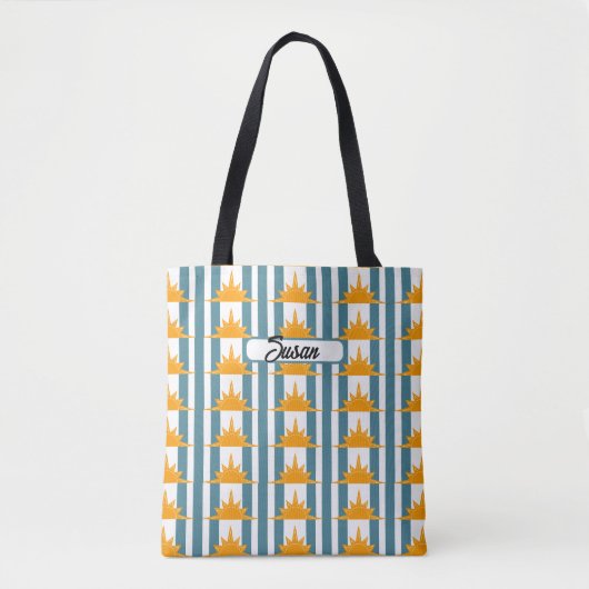 Oranje Gele Zon op Blauwgroen Stripes Tote Bag (Voorkant)