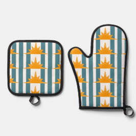 Oranje Gele Zonnen Teal Strepen Ovenwant & Pannenlap Set