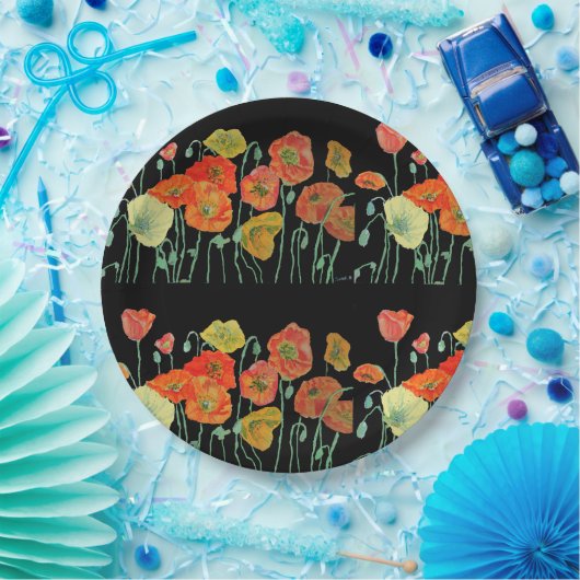 Oranje gele zwarte papaver, bloem papieren bordje (Feest)