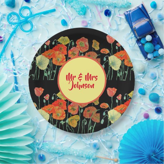 Oranje gele zwarte papaver papieren bordje (Feest)