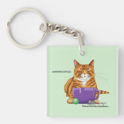 Oranje gember koffie kat grappig sleutelhanger (Voorkant)