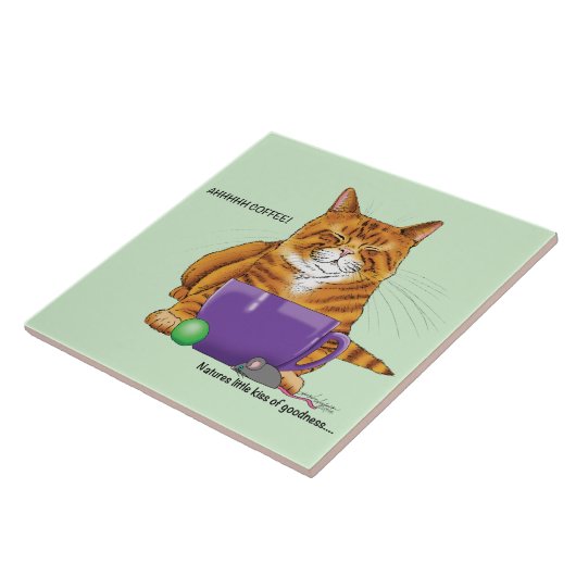 Oranje gember koffie kat grappig tegeltje (Zijkant)