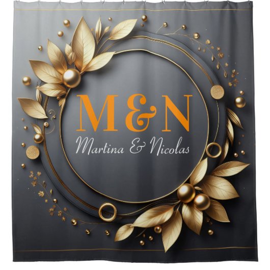 Oranje gemonogrammeerde moderne script bruiloft gr douchegordijn (Voorkant)