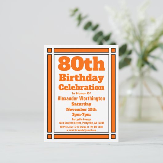 Oranje Geometrische 80e verjaardag Nodig Briefkaar Uitnodiging Briefkaart (Staand voorkant)
