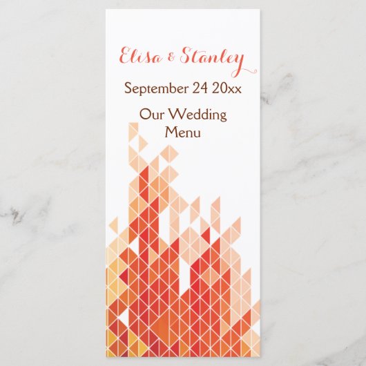 Oranje geometrische driehoeken bruiloft menukaart (Voorkant)