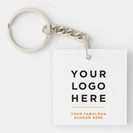 Oranje gepersonaliseerd logo en tekst helder sleutelhanger (voorkant)