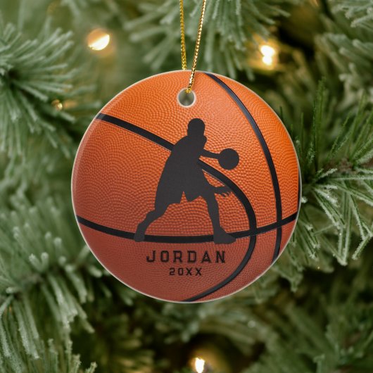 Oranje gepersonaliseerde basketbalspeler kerst keramisch ornament (Boom)