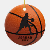 Oranje gepersonaliseerde basketbalspeler kerst keramisch ornament (Achterkant)