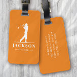 Oranje gepersonaliseerde Monogram Golfer Bagagelabel<br><div class="desc">Dit ontwerp heeft een golfer die een club zwaait en heeft twee tekstvelden die u kunt gebruiken om het te personaliseren - misschien met een naam en een golfteam of -club.</div>