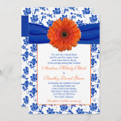 Oranje Gerber Cobalt Floral Wedding Invitation Kaart (Voorkant / Achterkant)