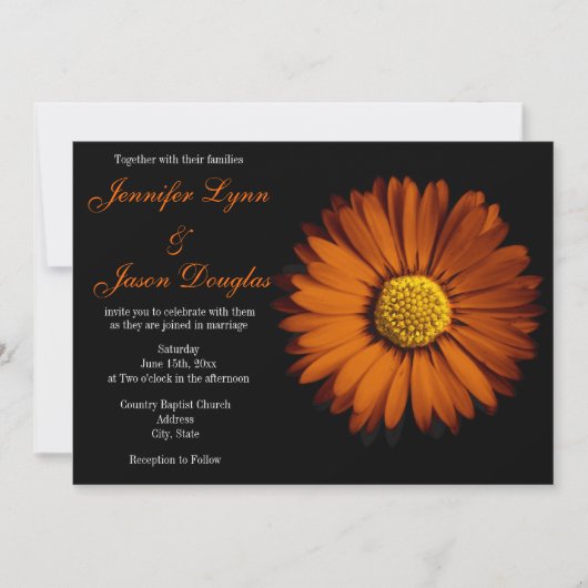 Oranje Gerber Daisy Black Wedding Invitations Kaart (Voorkant)
