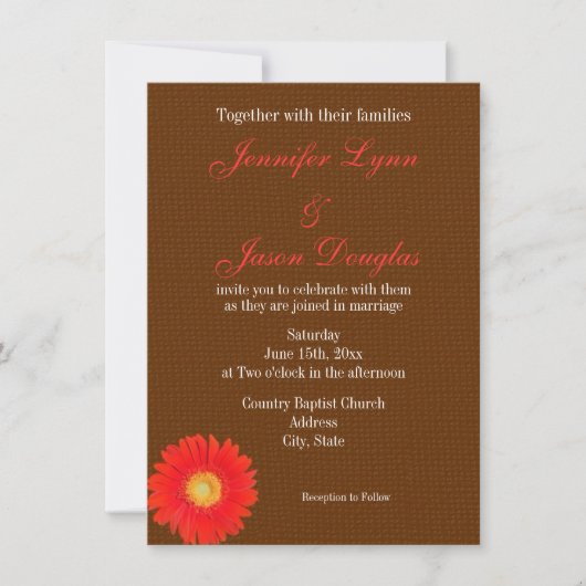 Oranje Gerber Daisy Faux Burlap Wedding Invitation Kaart (Voorkant)