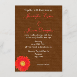 Oranje Gerber Daisy Faux Burlap Wedding Invitation Kaart