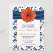 Oranje Gerber Daisy Navy Floral Wedding Invitation Kaart (Voorkant)