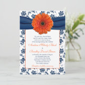 Oranje Gerber Daisy Navy Floral Wedding Invitation Kaart (Staand voorkant)