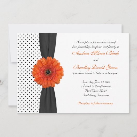Oranje Gerber Daisy Polka Dot Wedding Invitation Kaart (Voorkant)