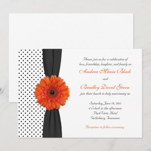 Oranje Gerber Daisy Polka Dot Wedding Invitation Kaart (Voorkant / Achterkant)