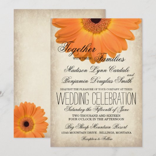 Oranje Gerber Daisy Rustic Country Wedding Invites Kaart (Voorkant / Achterkant)