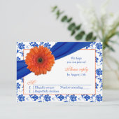 Oranje Gerber Kobalt Damask Floral Wedding RSVP (Staand voorkant)