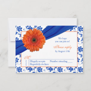 Oranje Gerber Kobalt Damast Bloem Bruiloft RSVP Kaartje