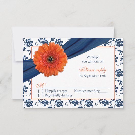Oranje Gerber Navy Blue Damask Floral Wedding RSVP (Voorkant)