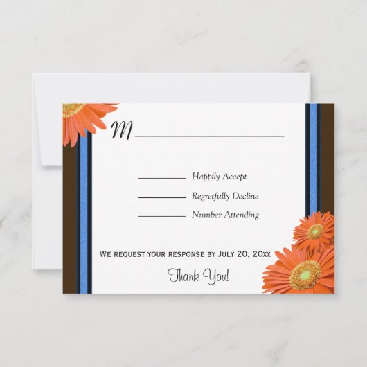 Oranje Gerbera Blue Brown met Gold Script RSVP (Achterkant)