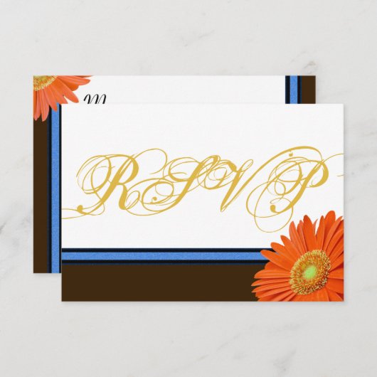 Oranje Gerbera Blue Brown met Gold Script RSVP (Voorkant / Achterkant)