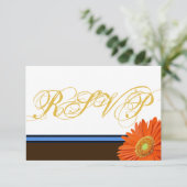 Oranje Gerbera Blue Brown met Gold Script RSVP Kaartje (Staand voorkant)
