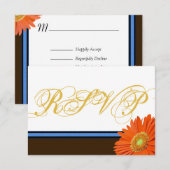 Oranje Gerbera Blue Brown met Gold Script RSVP Kaartje (Voorkant / Achterkant)
