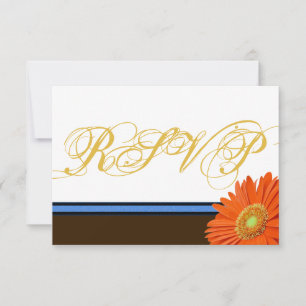 Oranje Gerbera Blue Brown met Gold Script RSVP Kaartje